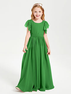 Chiffon Junior Bridesmaid Dresses Lace Flutter Sleeves Scoop Neck Green