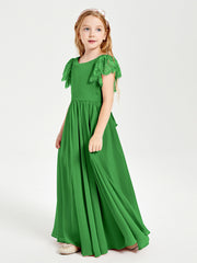 Chiffon Junior Bridesmaid Dresses Lace Flutter Sleeves Scoop Neck Green