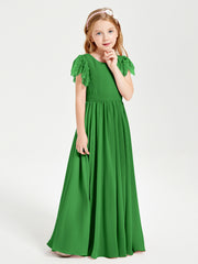 Chiffon Junior Bridesmaid Dresses Lace Flutter Sleeves Scoop Neck Green