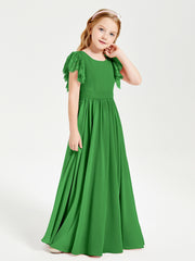 Chiffon Junior Bridesmaid Dresses Lace Flutter Sleeves Scoop Neck Green