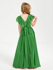 Chiffon Junior Bridesmaid Dresses Lace Flutter Sleeves Scoop Neck Green