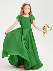 Chiffon Junior Bridesmaid Dresses Lace Flutter Sleeves Scoop Neck Green