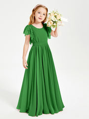 Chiffon Junior Bridesmaid Dresses Lace Flutter Sleeves Scoop Neck Green
