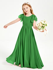 Chiffon Junior Bridesmaid Dresses Lace Flutter Sleeves Scoop Neck Green