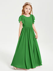 Chiffon Junior Bridesmaid Dresses Lace Flutter Sleeves Scoop Neck Green