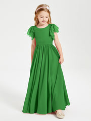 Chiffon Junior Bridesmaid Dresses Lace Flutter Sleeves Scoop Neck Green