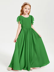 Chiffon Junior Bridesmaid Dresses Lace Flutter Sleeves Scoop Neck Green
