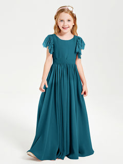 Chiffon Junior Bridesmaid Dresses Lace Flutter Sleeves Scoop Neck Ink Blue