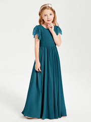 Chiffon Junior Bridesmaid Dresses Lace Flutter Sleeves Scoop Neck Ink Blue