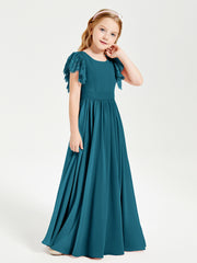 Chiffon Junior Bridesmaid Dresses Lace Flutter Sleeves Scoop Neck Ink Blue