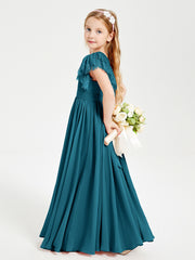 Chiffon Junior Bridesmaid Dresses Lace Flutter Sleeves Scoop Neck Ink Blue