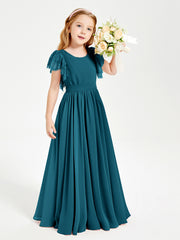 Chiffon Junior Bridesmaid Dresses Lace Flutter Sleeves Scoop Neck Ink Blue