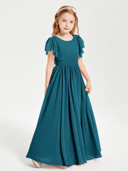 Chiffon Junior Bridesmaid Dresses Lace Flutter Sleeves Scoop Neck Ink Blue