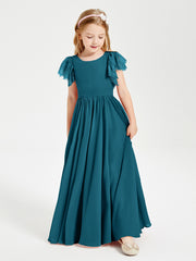 Chiffon Junior Bridesmaid Dresses Lace Flutter Sleeves Scoop Neck Ink Blue