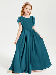 Chiffon Junior Bridesmaid Dresses Lace Flutter Sleeves Scoop Neck Ink Blue