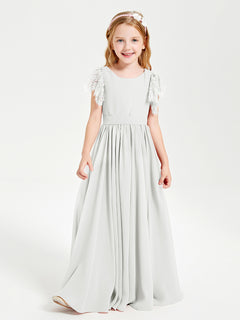 Chiffon Junior Bridesmaid Dresses Lace Flutter Sleeves Scoop Neck Ivory