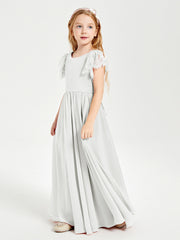 Chiffon Junior Bridesmaid Dresses Lace Flutter Sleeves Scoop Neck Ivory