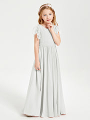 Chiffon Junior Bridesmaid Dresses Lace Flutter Sleeves Scoop Neck Ivory