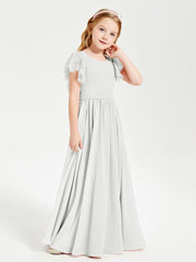 Chiffon Junior Bridesmaid Dresses Lace Flutter Sleeves Scoop Neck Ivory