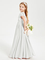 Chiffon Junior Bridesmaid Dresses Lace Flutter Sleeves Scoop Neck Ivory