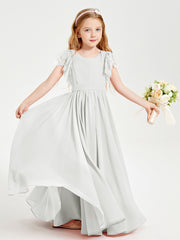 Chiffon Junior Bridesmaid Dresses Lace Flutter Sleeves Scoop Neck Ivory