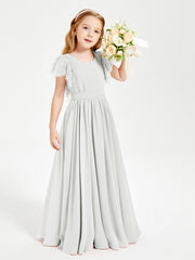Chiffon Junior Bridesmaid Dresses Lace Flutter Sleeves Scoop Neck Ivory
