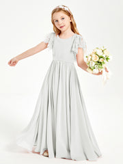 Chiffon Junior Bridesmaid Dresses Lace Flutter Sleeves Scoop Neck Ivory
