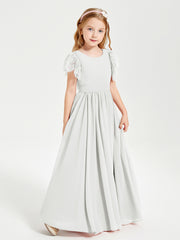 Chiffon Junior Bridesmaid Dresses Lace Flutter Sleeves Scoop Neck Ivory