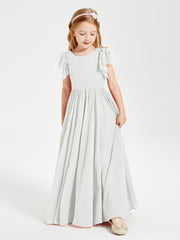 Chiffon Junior Bridesmaid Dresses Lace Flutter Sleeves Scoop Neck Ivory