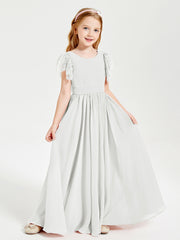 Chiffon Junior Bridesmaid Dresses Lace Flutter Sleeves Scoop Neck Ivory