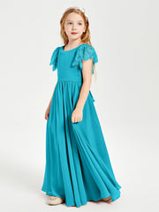 Chiffon Junior Bridesmaid Dresses Lace Flutter Sleeves Scoop Neck Jade