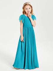 Chiffon Junior Bridesmaid Dresses Lace Flutter Sleeves Scoop Neck Jade