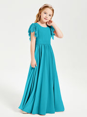 Chiffon Junior Bridesmaid Dresses Lace Flutter Sleeves Scoop Neck Jade