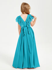 Chiffon Junior Bridesmaid Dresses Lace Flutter Sleeves Scoop Neck Jade