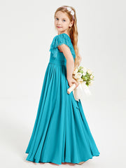 Chiffon Junior Bridesmaid Dresses Lace Flutter Sleeves Scoop Neck Jade