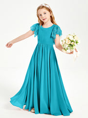 Chiffon Junior Bridesmaid Dresses Lace Flutter Sleeves Scoop Neck Jade