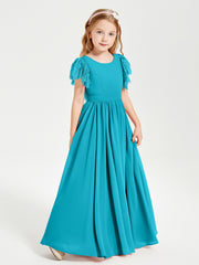 Chiffon Junior Bridesmaid Dresses Lace Flutter Sleeves Scoop Neck Jade