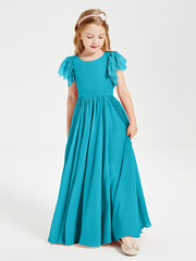 Chiffon Junior Bridesmaid Dresses Lace Flutter Sleeves Scoop Neck Jade