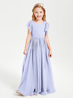 Chiffon Junior Bridesmaid Dresses Lace Flutter Sleeves Scoop Neck Lavender