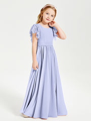 Chiffon Junior Bridesmaid Dresses Lace Flutter Sleeves Scoop Neck Lavender