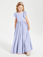 Chiffon Junior Bridesmaid Dresses Lace Flutter Sleeves Scoop Neck Lavender