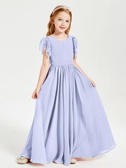 Chiffon Junior Bridesmaid Dresses Lace Flutter Sleeves Scoop Neck Lavender