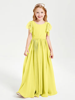 Chiffon Junior Bridesmaid Dresses Lace Flutter Sleeves Scoop Neck Lemon