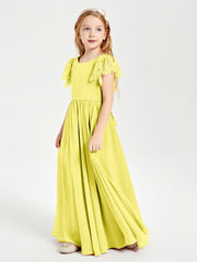 Chiffon Junior Bridesmaid Dresses Lace Flutter Sleeves Scoop Neck Lemon