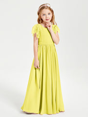 Chiffon Junior Bridesmaid Dresses Lace Flutter Sleeves Scoop Neck Lemon