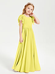Chiffon Junior Bridesmaid Dresses Lace Flutter Sleeves Scoop Neck Lemon