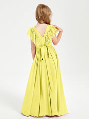 Chiffon Junior Bridesmaid Dresses Lace Flutter Sleeves Scoop Neck Lemon