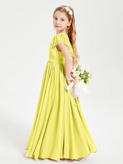 Chiffon Junior Bridesmaid Dresses Lace Flutter Sleeves Scoop Neck Lemon