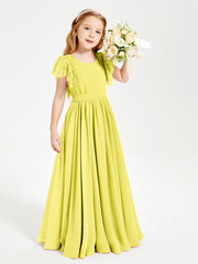Chiffon Junior Bridesmaid Dresses Lace Flutter Sleeves Scoop Neck Lemon