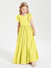 Chiffon Junior Bridesmaid Dresses Lace Flutter Sleeves Scoop Neck Lemon